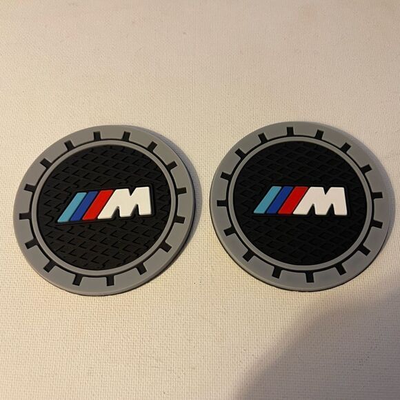 BMW Motorsports car cup Coasters in black and gray with logo Set of 2 NWT - Picture 1 of 4